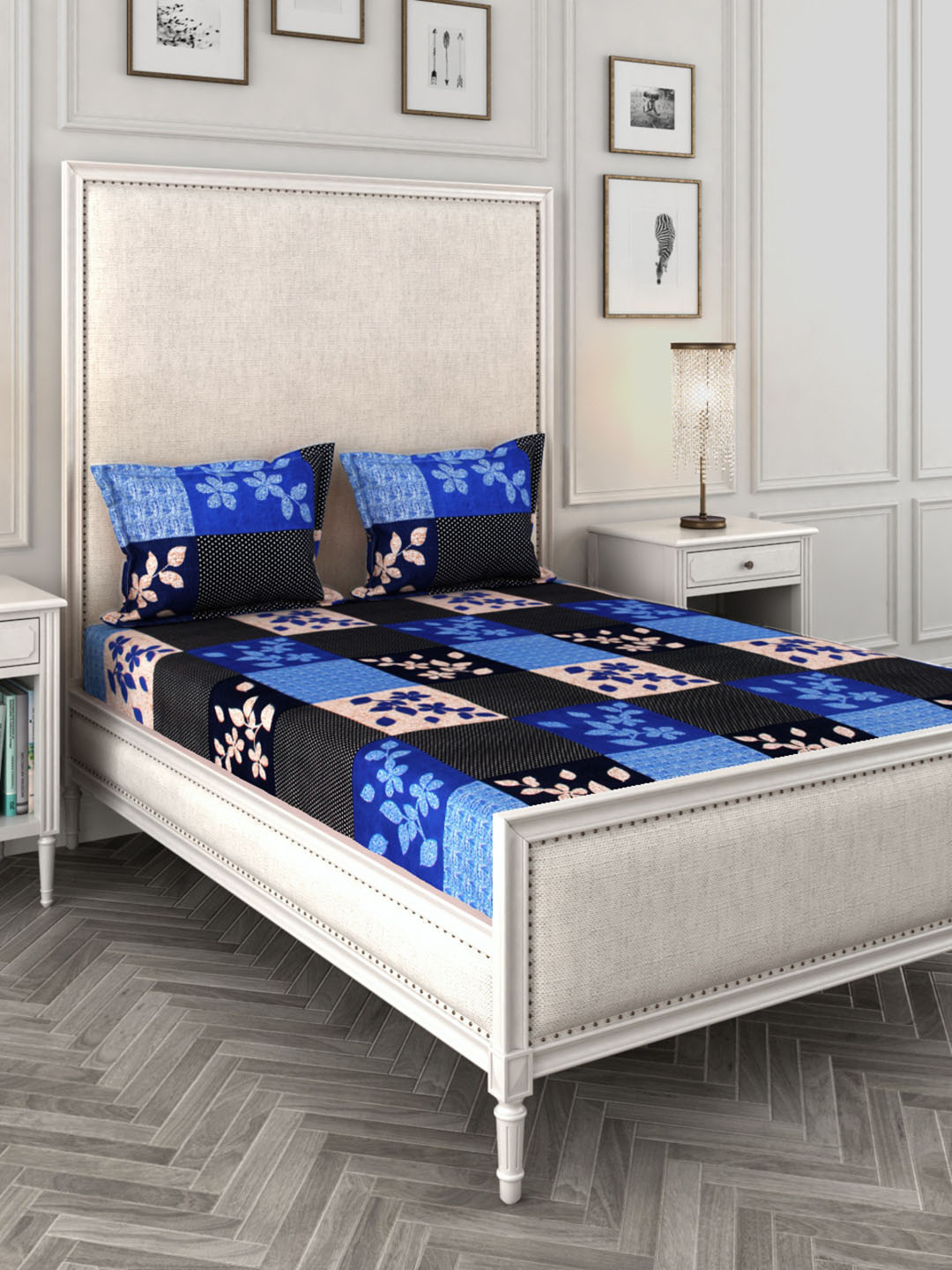 

ROMEE Floral Printed 144 TC Microfiber Queen Bedsheet with 2 Pillow Covers, Blue