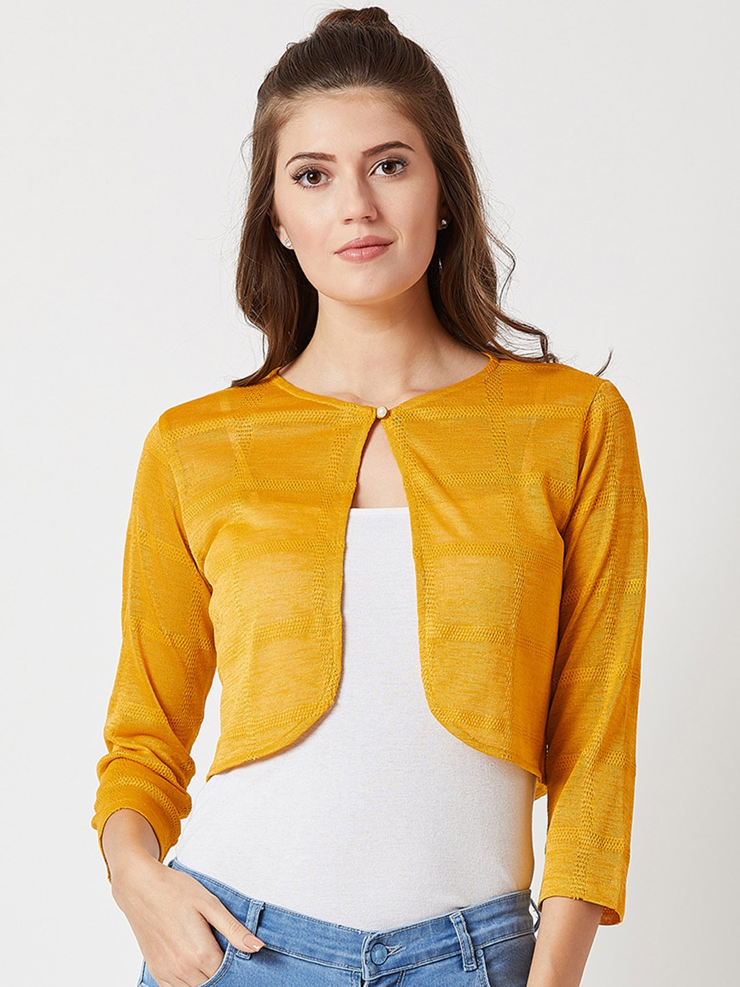 

Miss Chase Women Mustard Yellow Open Front Cropped Shrug
