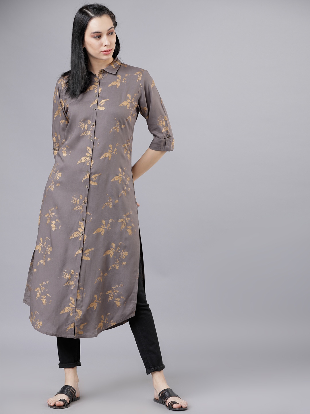 Vishudh Women Grey & Beige Printed Straight Kurta