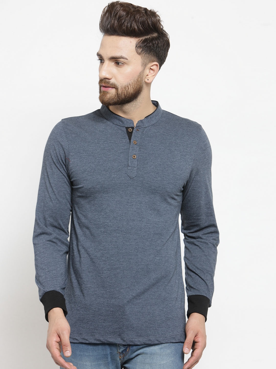 

Kalt Men Blue Solid Mandarin Collar T-shirt