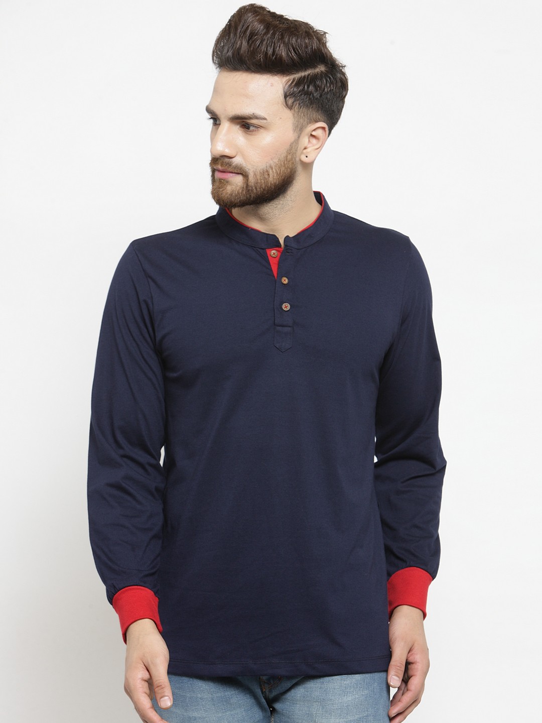 

Kalt Men Navy Blue Solid Mandarin Collar T-shirt
