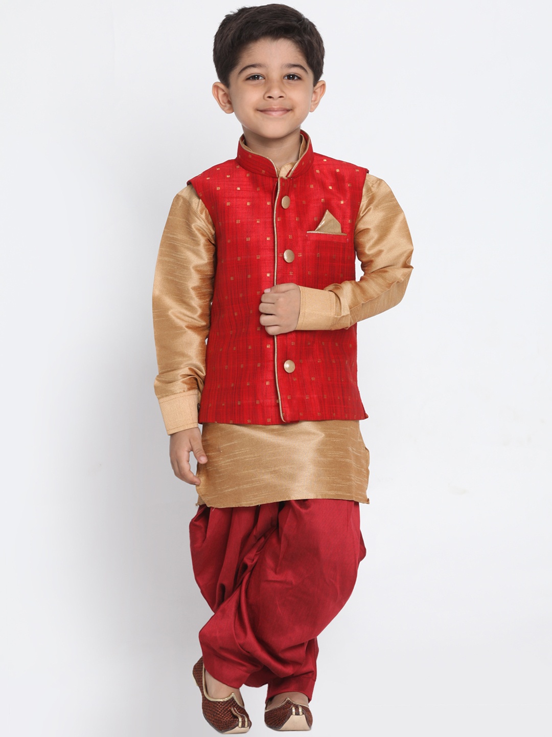 

VASTRAMAY Boys Gold-Coloured & Maroon Self Design Kurta with Dhoti Pants & Jacket