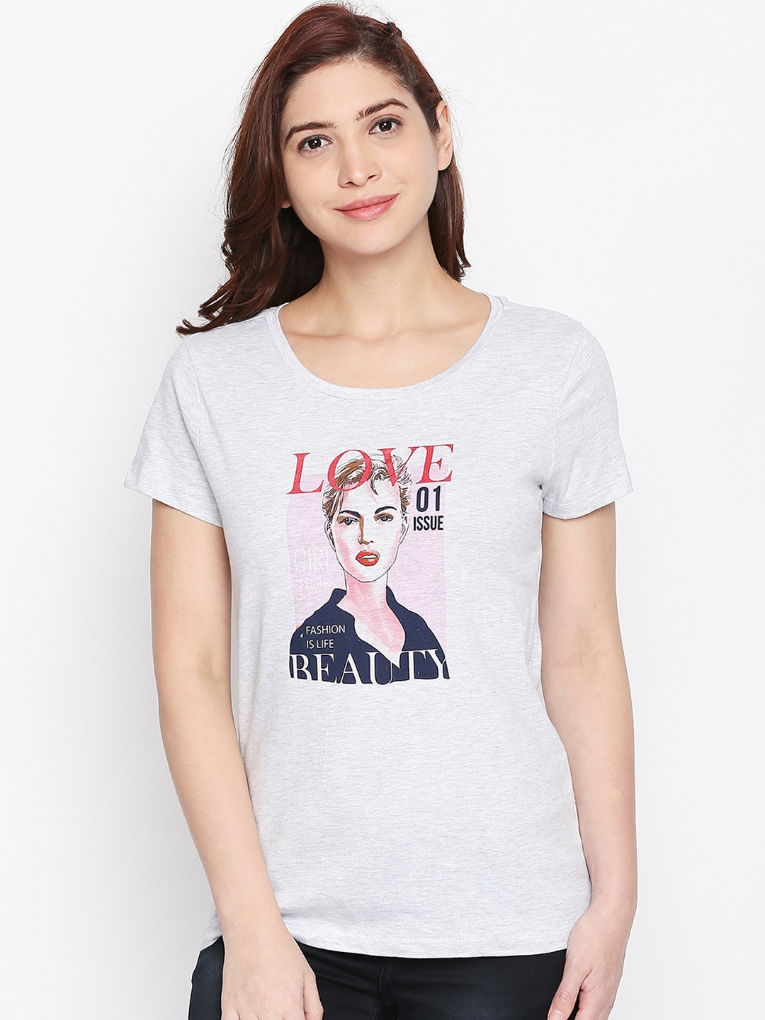 

Honey by Pantaloons Women Grey Melange Printed Round Neck T-shirt
