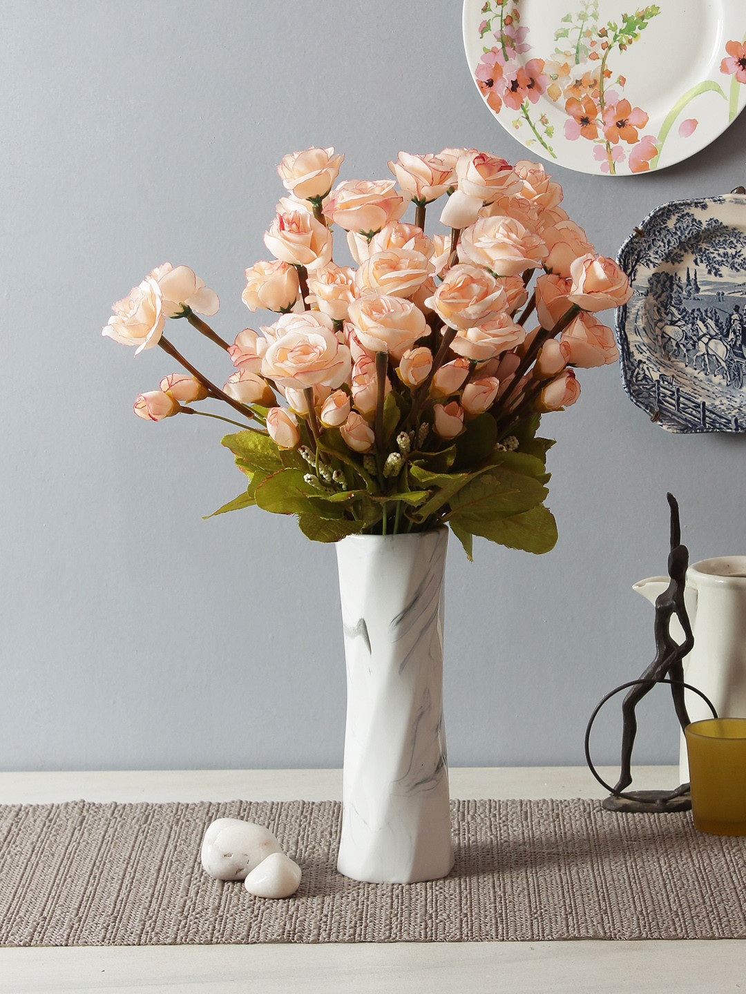 

Fourwalls Set of 3 Peach-Coloured & Green Artificial Rose Flower Bunches Without Pot