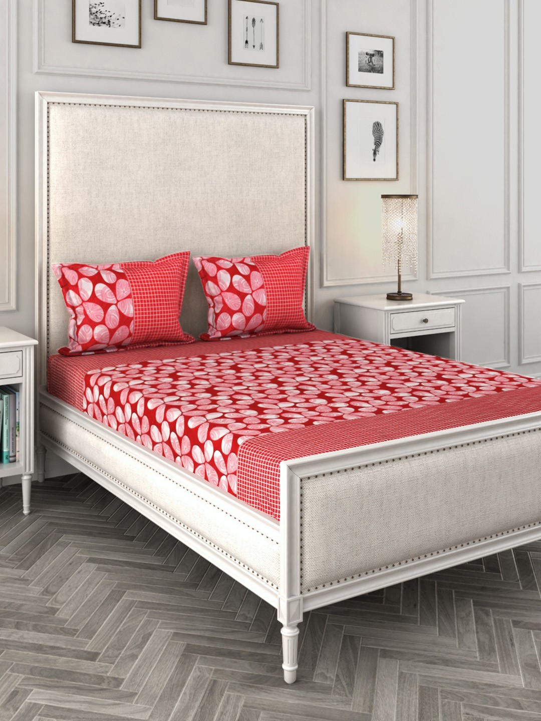

ROMEE Pink & Off-White Floral 144 TC Cotton 1 Queen Bedsheet with 2 Pillow Covers