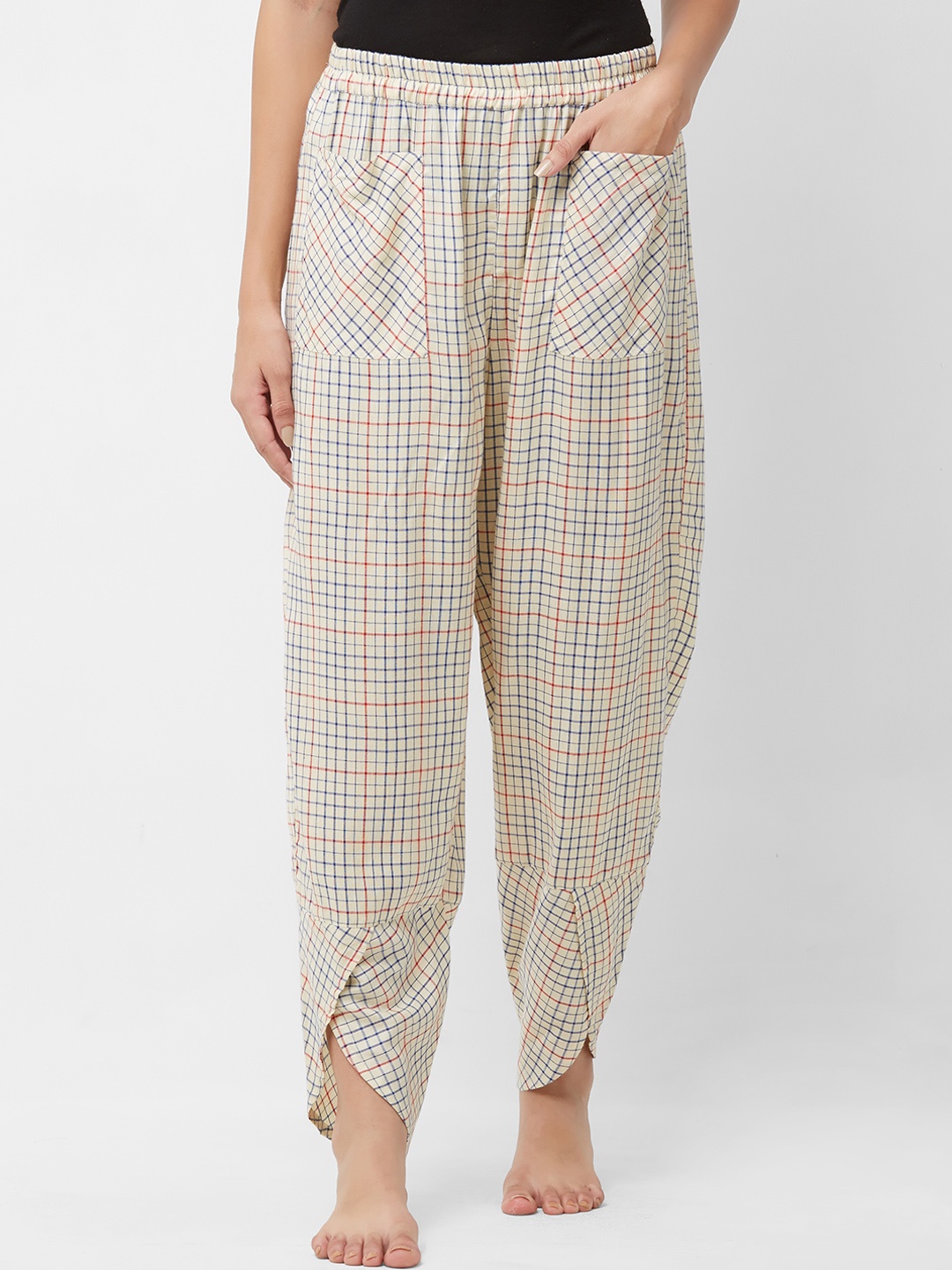 Mystere Paris Women Beige Checked Lounge Pants G386H