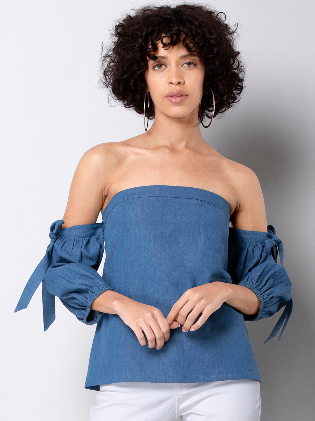 

FabAlley Women Blue Solid Denim Bardot Top