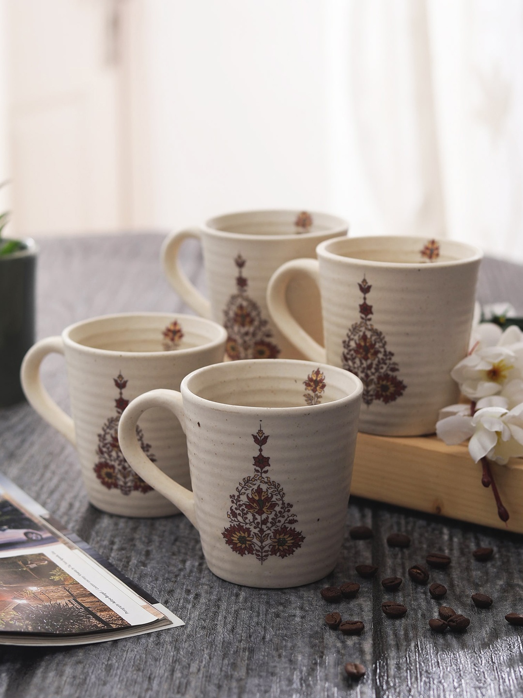 MIAH Decor Beige Set of 4 Handmade Eco Friendly Ceramic Mugs