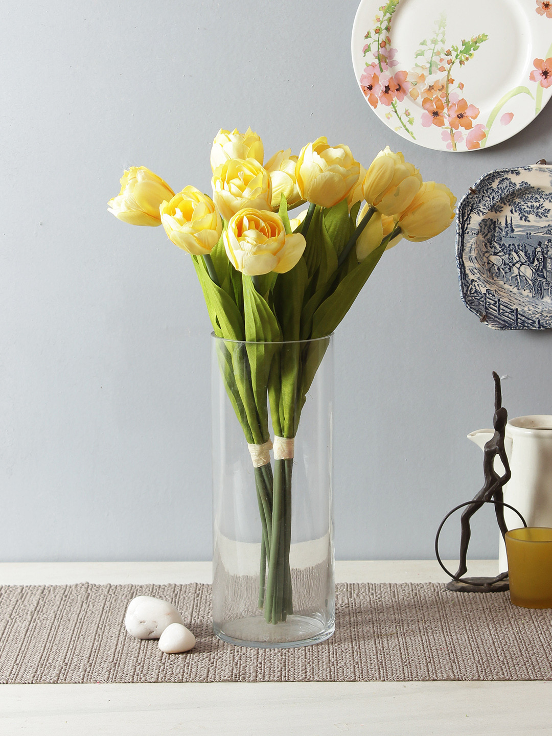 

Fourwalls Set of 2 Yellow & Green Artificial Tulip Flower Bunches Without Pot