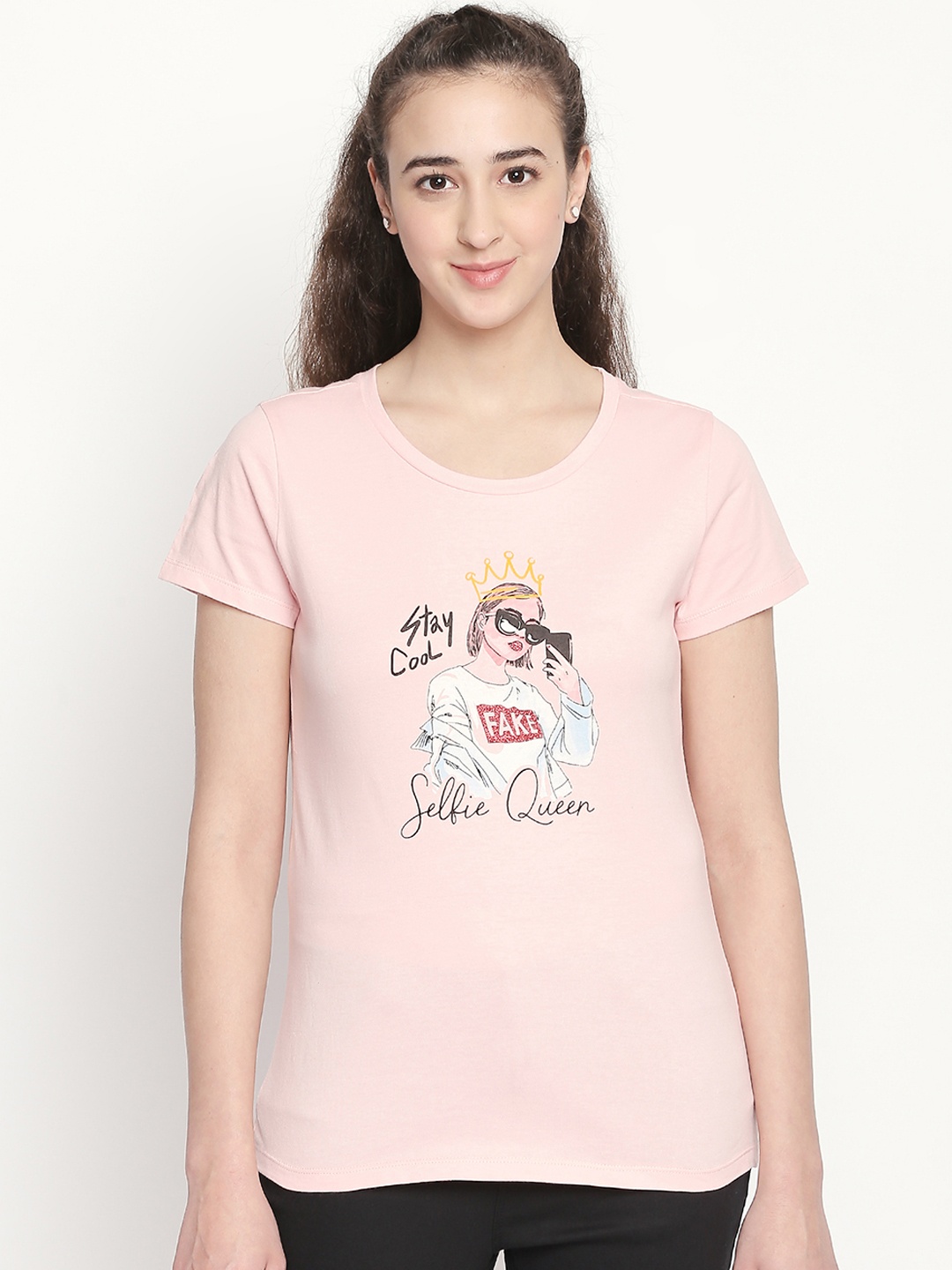 

Honey by Pantaloons Women Pink Printed Round Neck Pure Cotton T-shirt