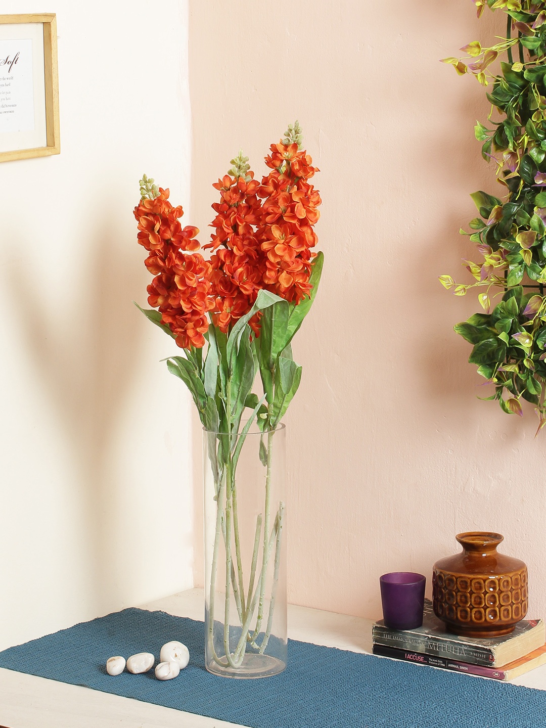 

Fourwalls Set of 4 Orange & Green Artificial Single Stock Flower Stems without Pot