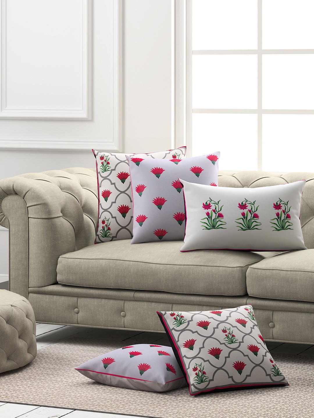 

SEJ by Nisha Gupta Pink & Grey Set of 5 Floral Square Cushion Covers