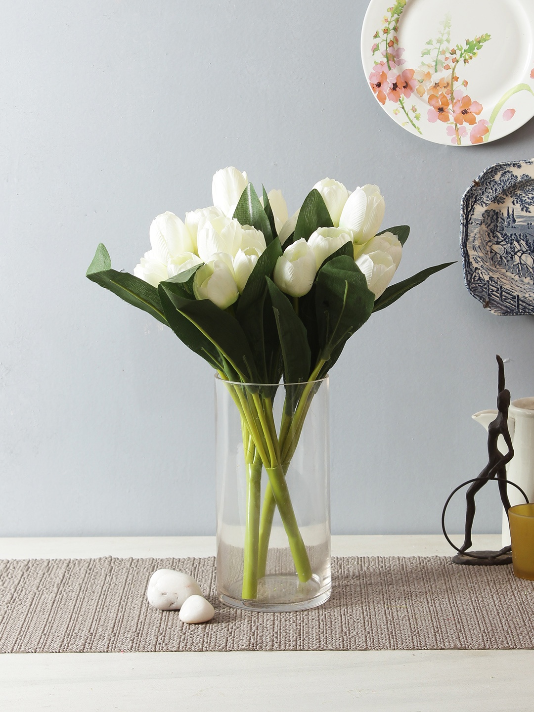 

Fourwalls Set of 3 White & Green Artificial Tulip Flower Bunches Without Pot