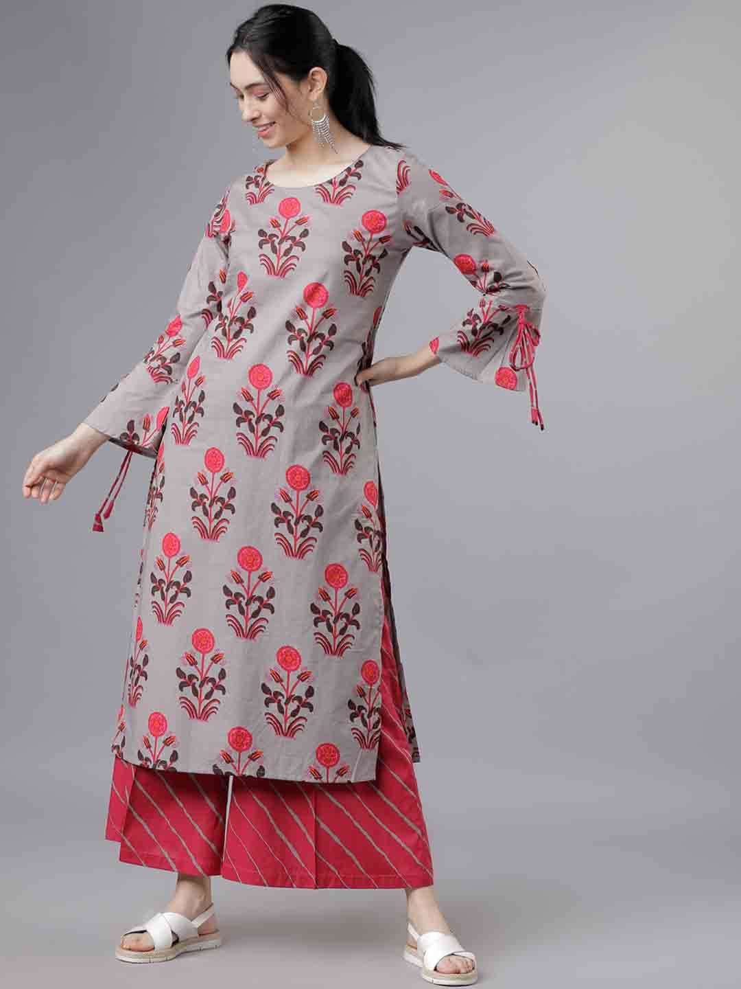 Vishudh Women Grey & Red Printed Kurta with Palazzos
