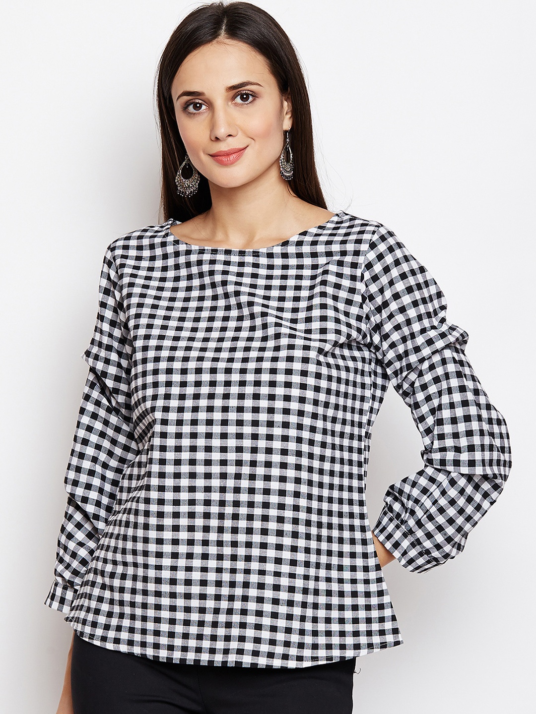 

FABNEST Women Black Checked A-Line Top
