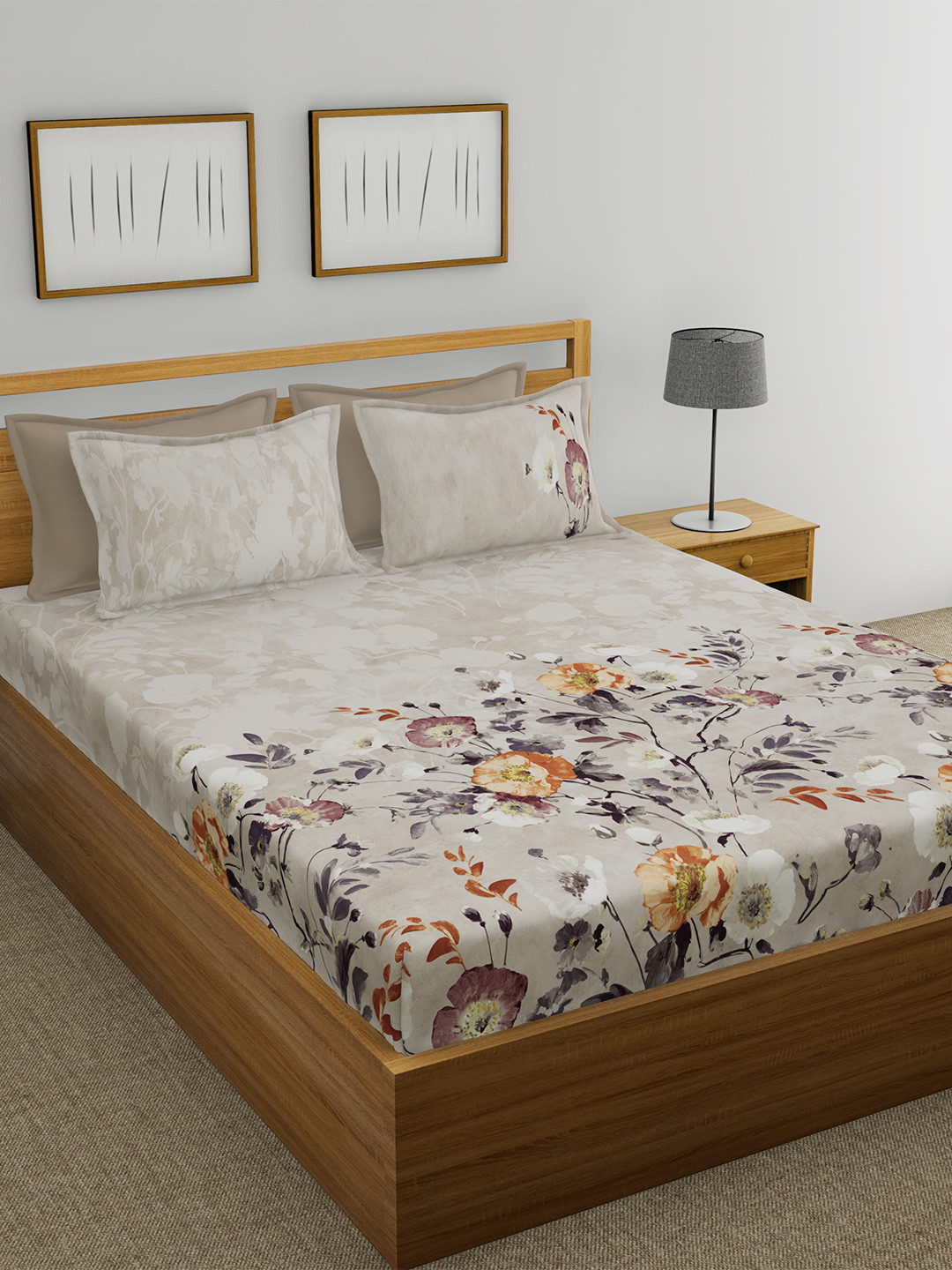 

GM Beige Floral 300 TC Cotton 1 Super King Bedsheet with 2 Pillow Covers, Grey