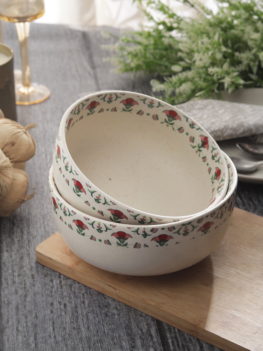 MIAH Decor Beige 2-Pieces Printed Ceramic Serving Bowls Set