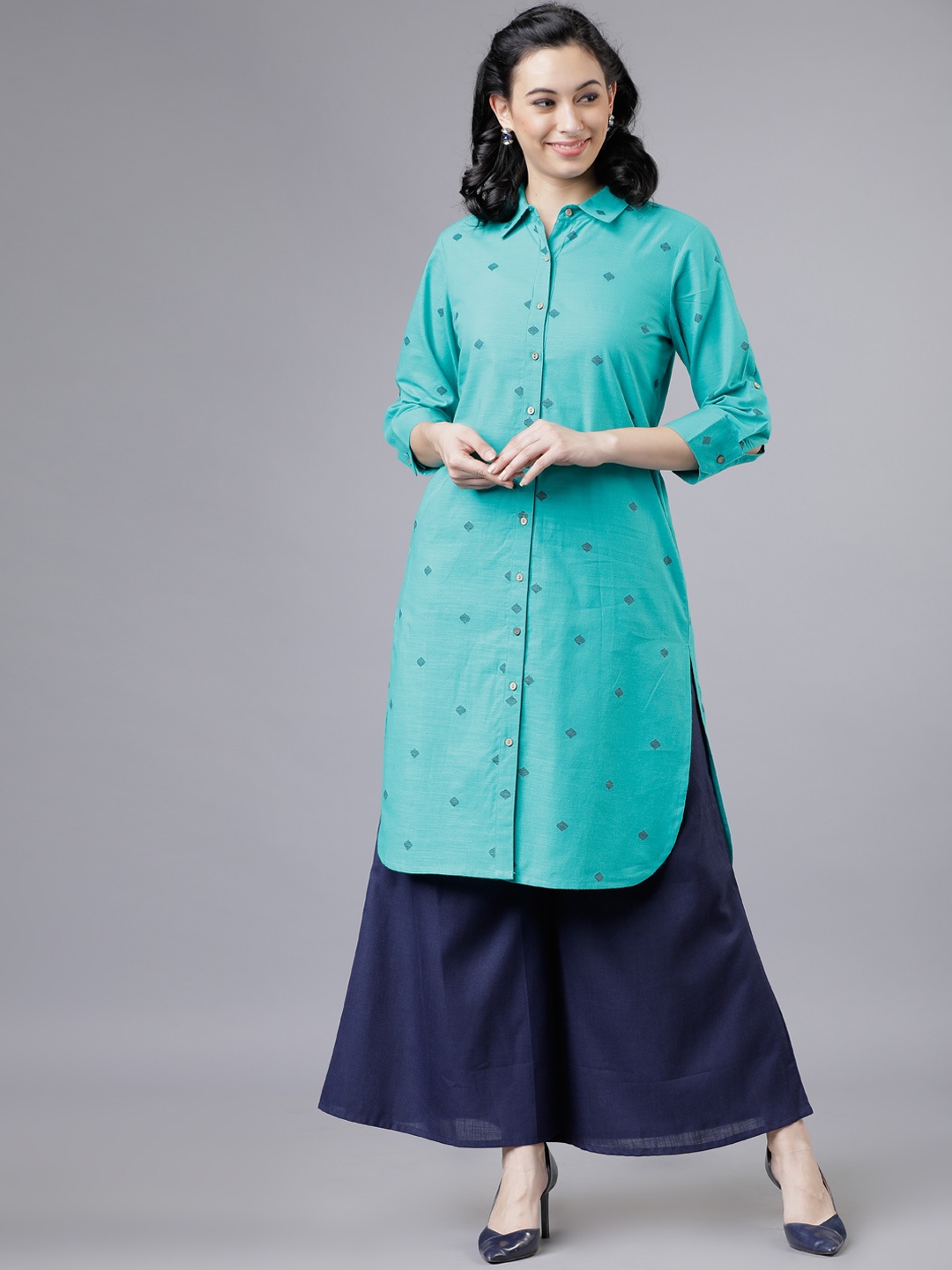 

Vishudh Women Turquoise Woven Motifs Straight Kurta, Turquoise blue