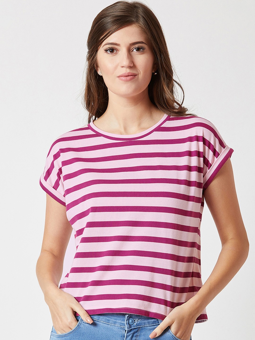 

Miss Chase Women Maroon Striped Round Neck T-shirt