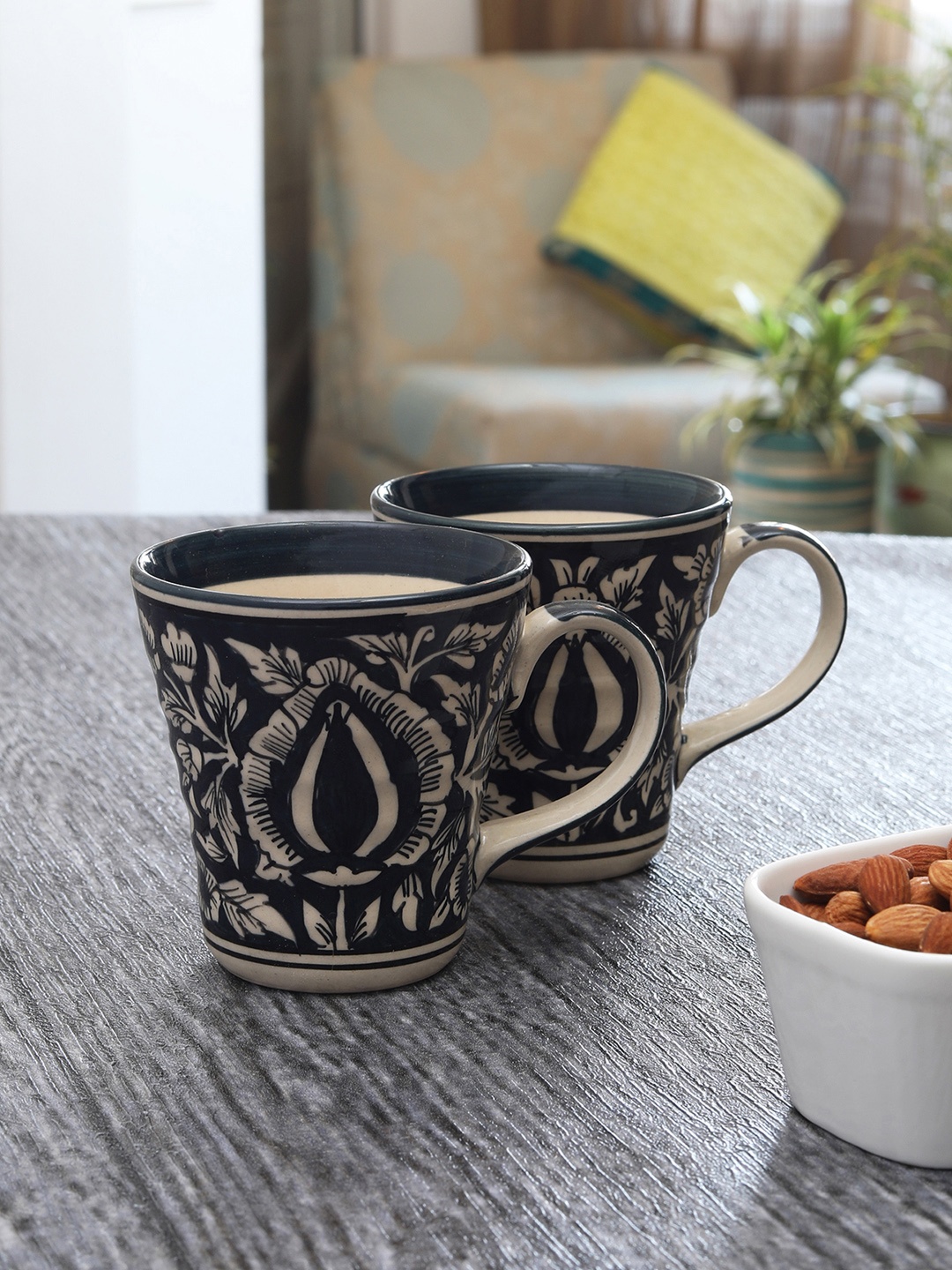 

MIAH Decor Set of 2 Handpainted Mughal Design Milk Mugs, Beige