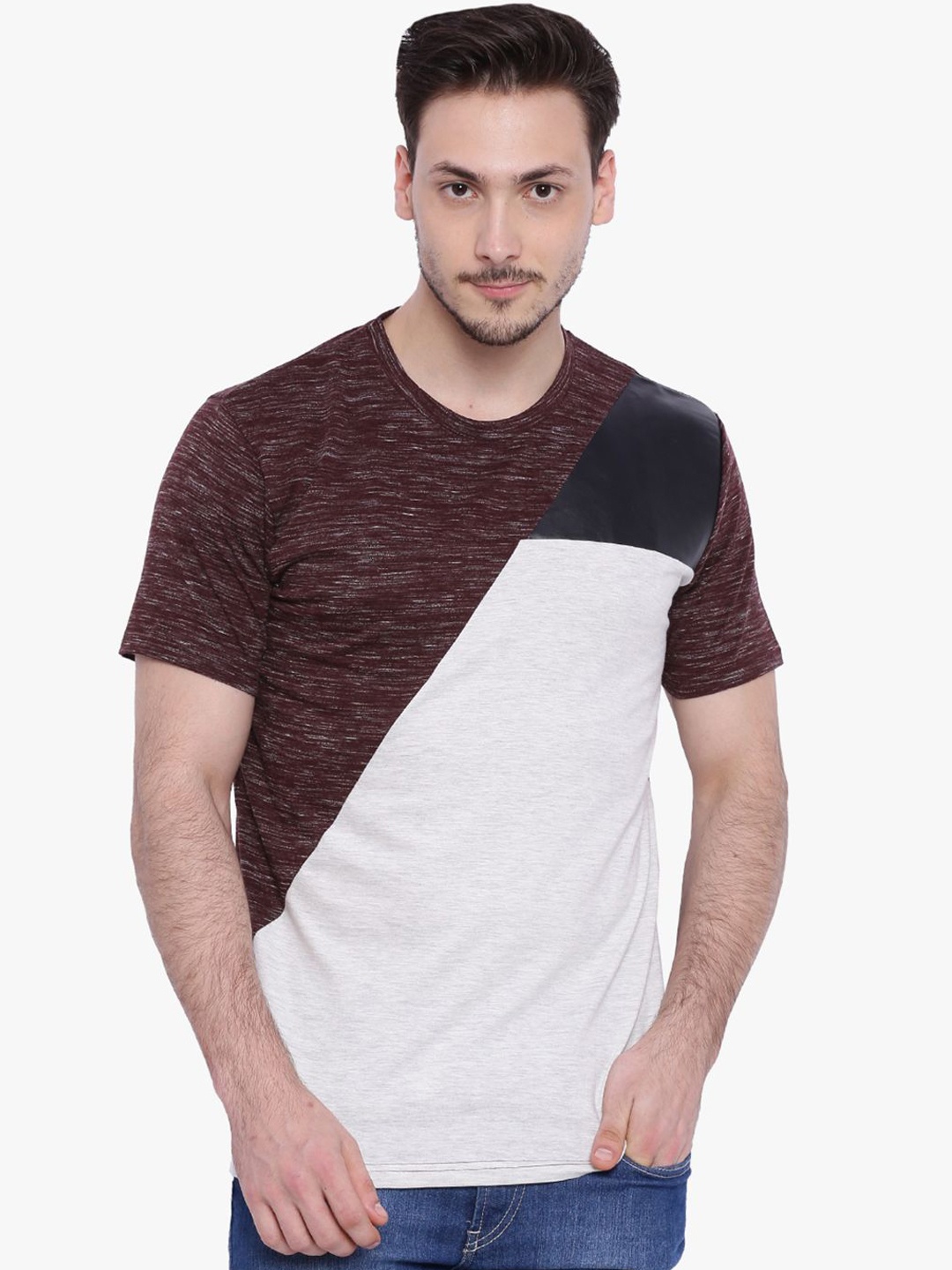 

Campus Sutra Men Maroon & Off-White Colourblocked Round Neck T-shirt