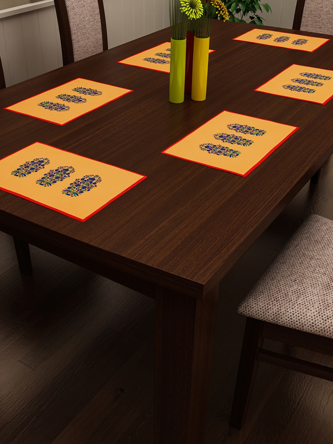 

SEJ by Nisha Gupta Set of 6 Mustard & Blue Printed Table Placemats