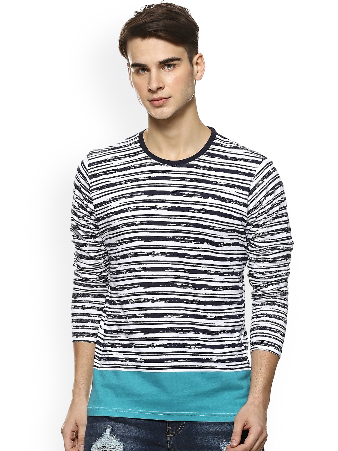 Campus Sutra Men Navy Blue & White Striped Round Neck T-shirt