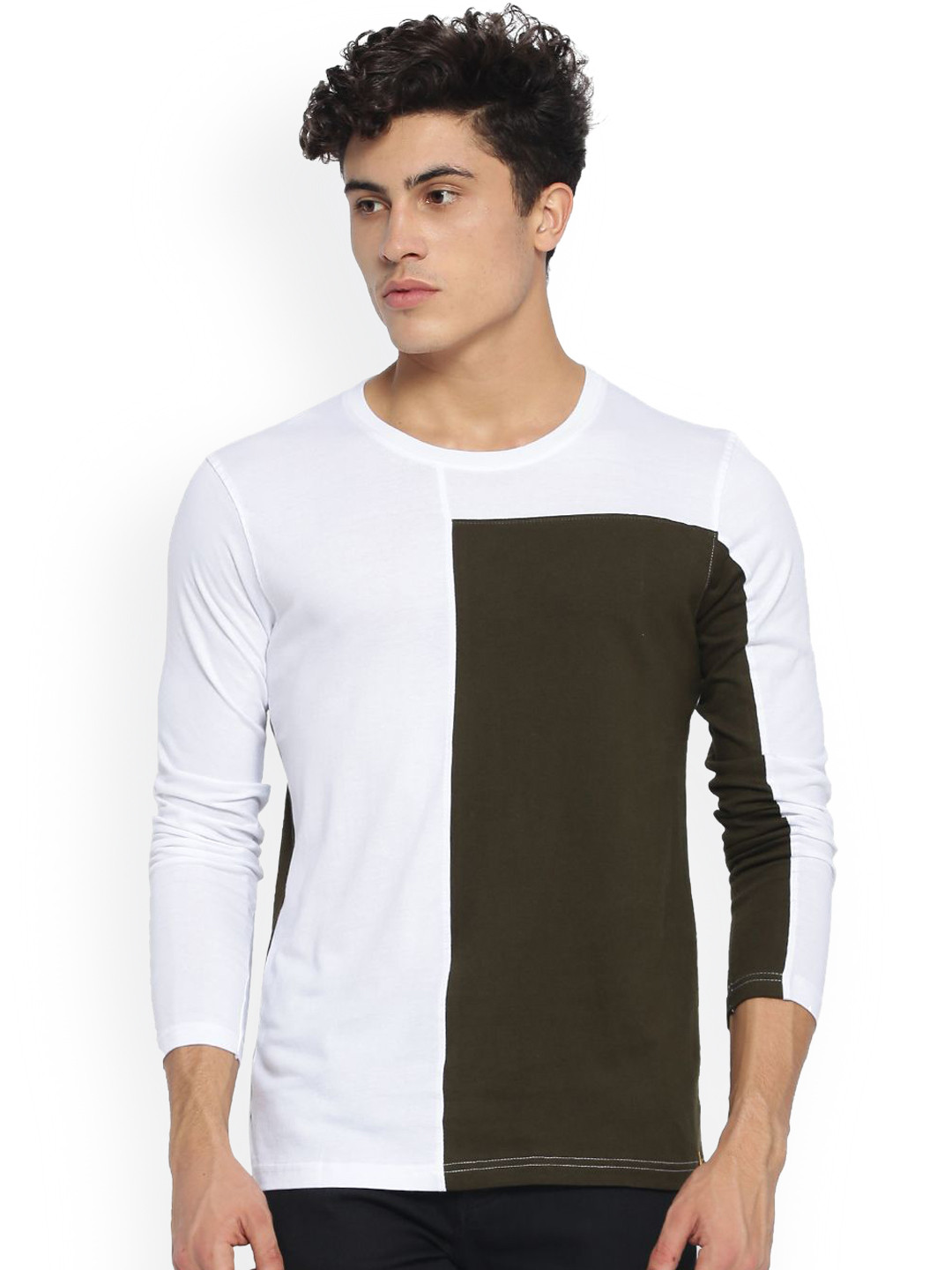 

Campus Sutra Men White & Black Colourblocked Round Neck T-shirt