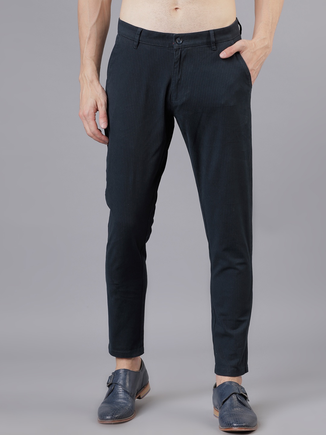 

HIGHLANDER Men Navy Blue & Grey Slim Fit Striped Regular Trousers