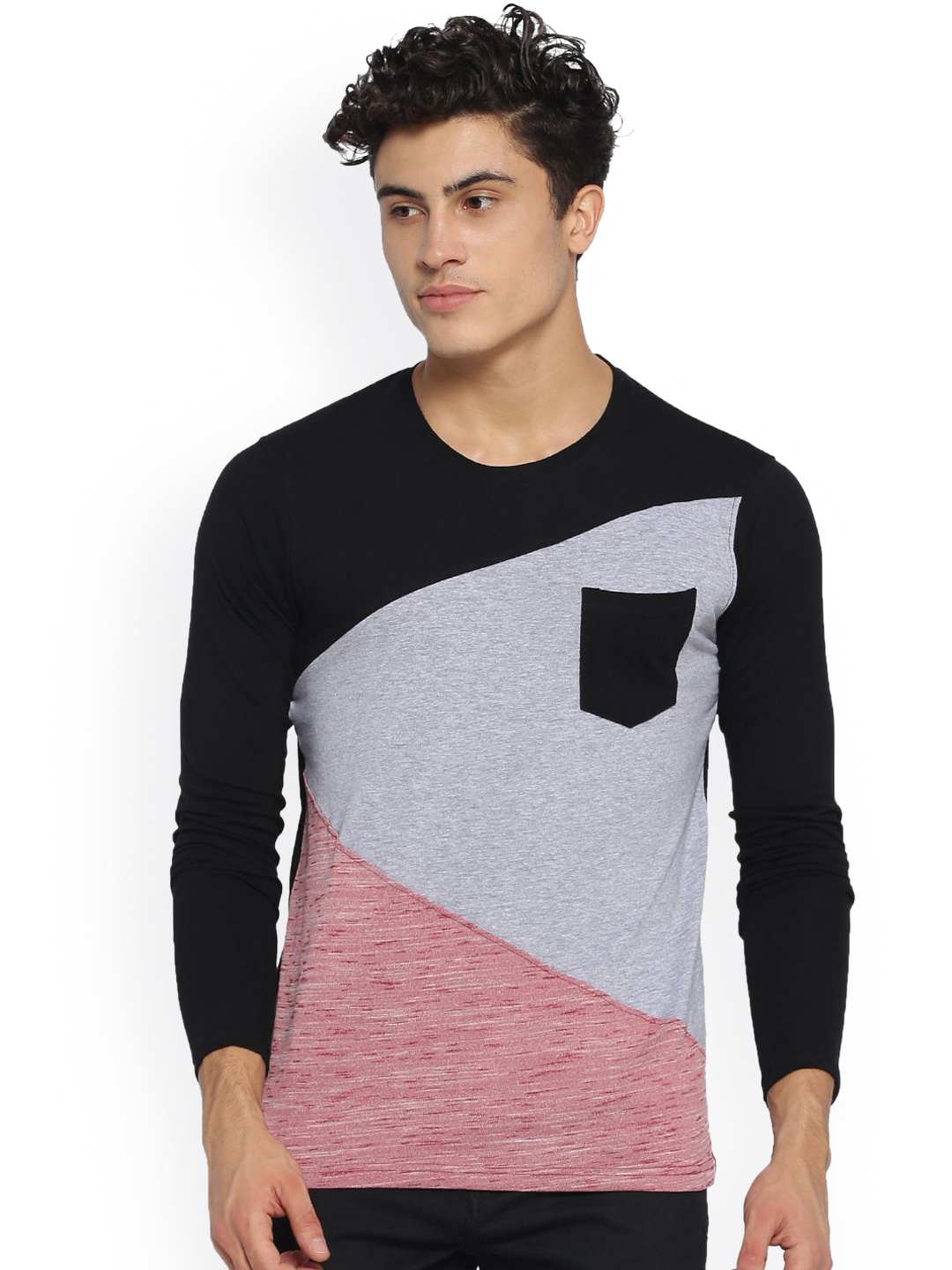 

Campus Sutra Men Black & Grey Colourblocked Round Neck T-shirt