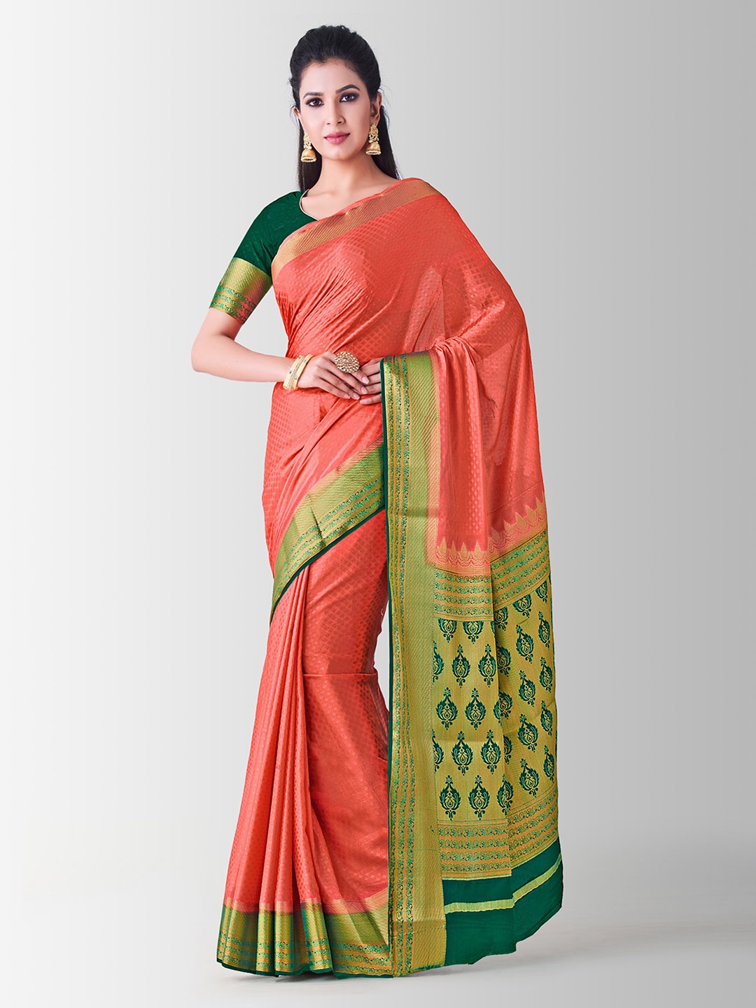 

MIMOSA Coral Pink Poly Crepe Checked Kanjeevaram Saree