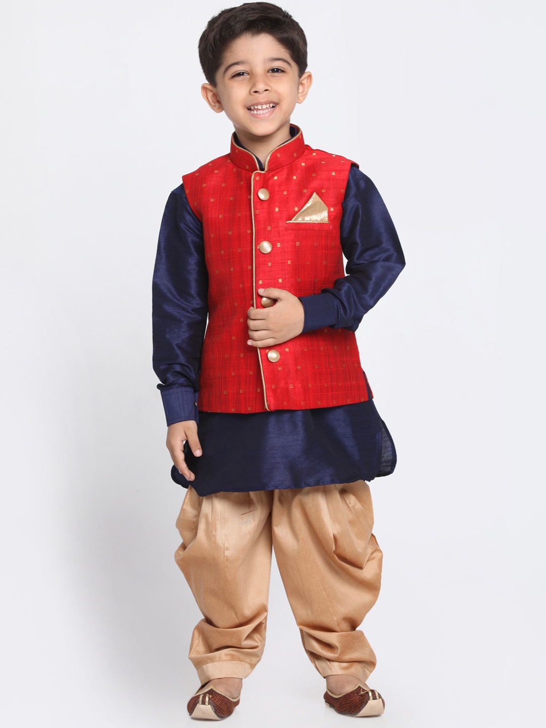 

VASTRAMAY Boys Navy Blue & Maroon Solid Kurta with Dhoti Pants & Jacket