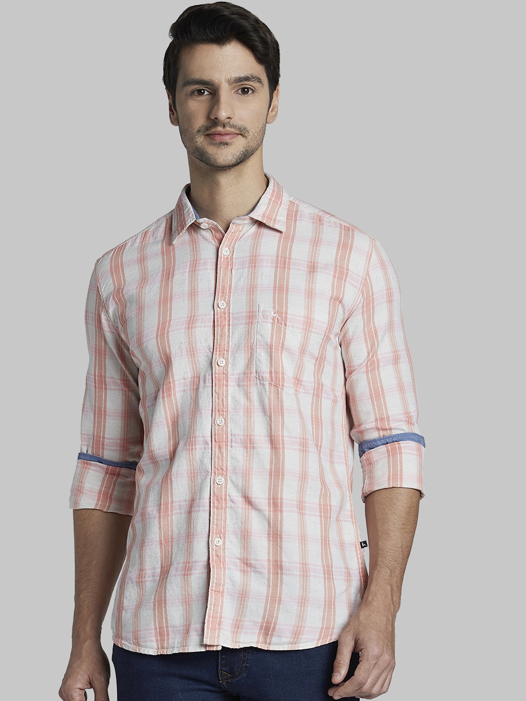 

Parx Men White & Orange Slim Fit Checked Casual Shirt