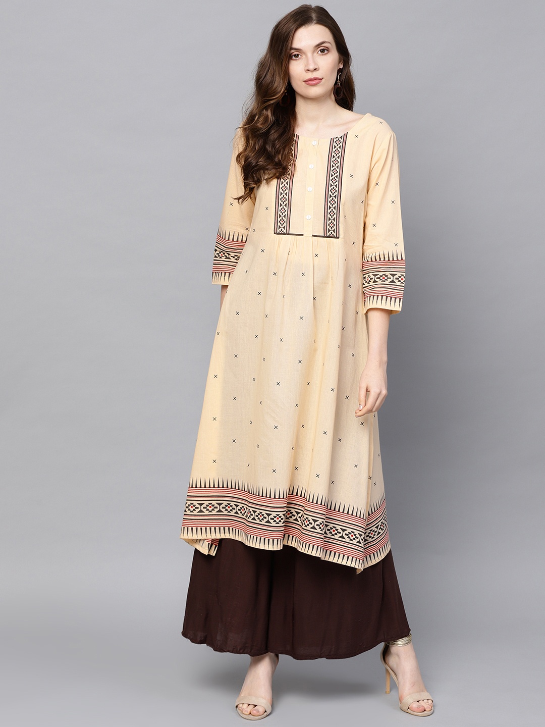 

Varanga Women Beige & Black Printed A-Line Kurta