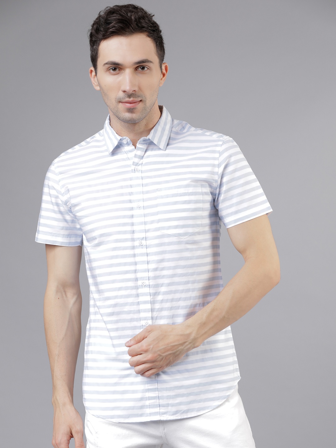 

HIGHLANDER Men White & Grey Slim Fit Striped Casual Shirt