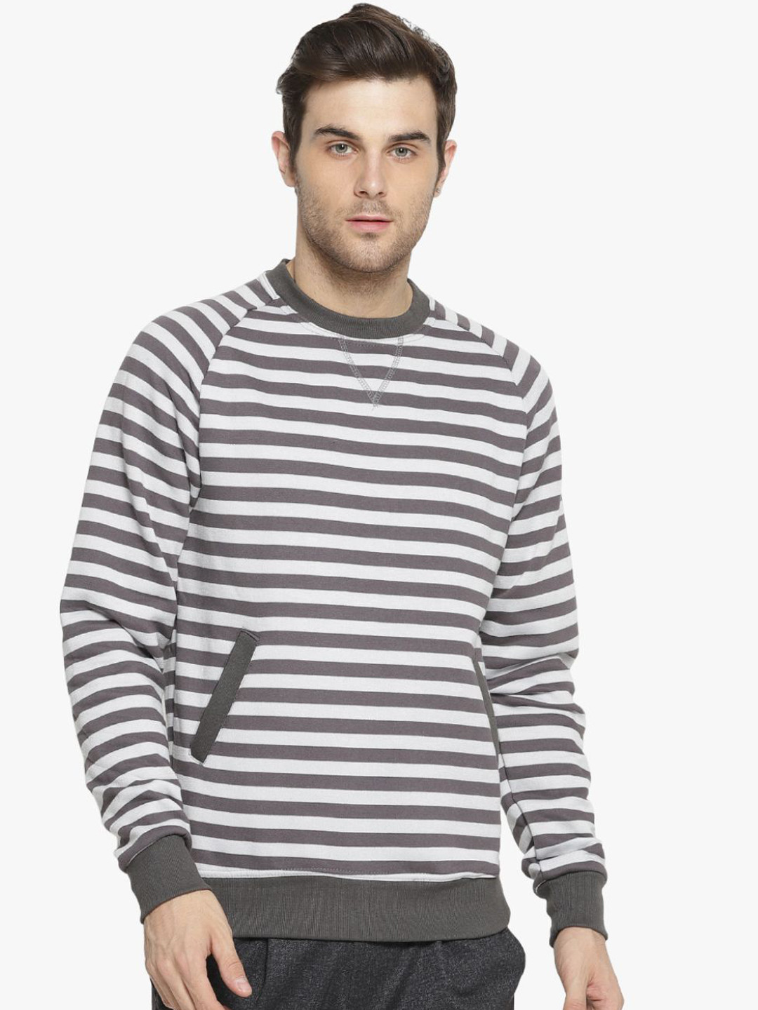 

Campus Sutra Men Grey & White Striped Sweatshirt