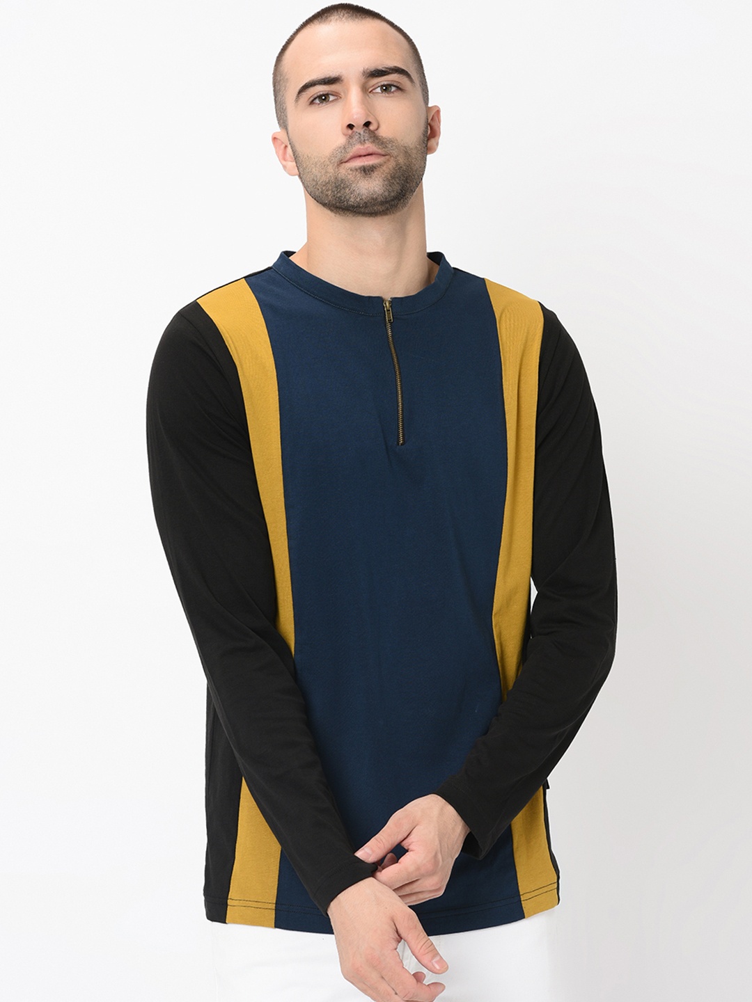 Rigo Black Mustard Blue Cut & Sew Henley with Zip Detail Tshirt
