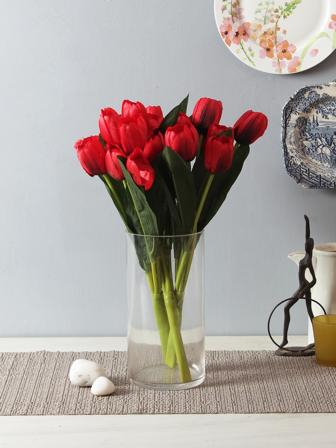 

Fourwalls Set of 3 Red & Green Artificial Tulip Flower Bunches Without Pot