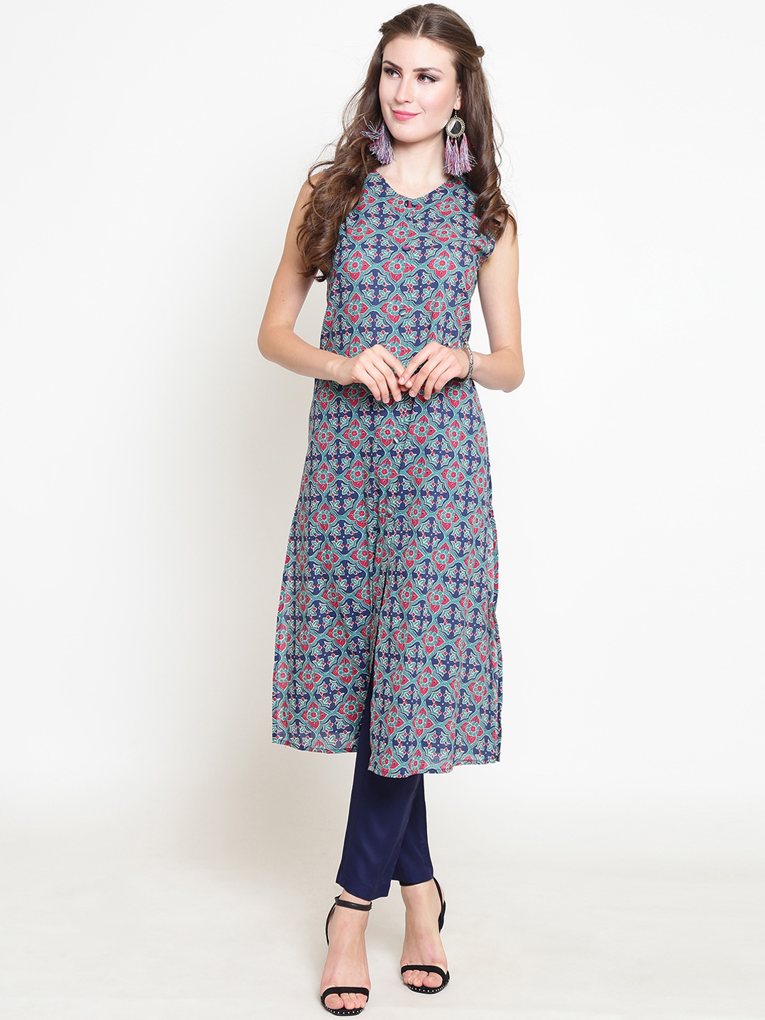 Sera Women Green & Blue Printed Kurta with Palazzos