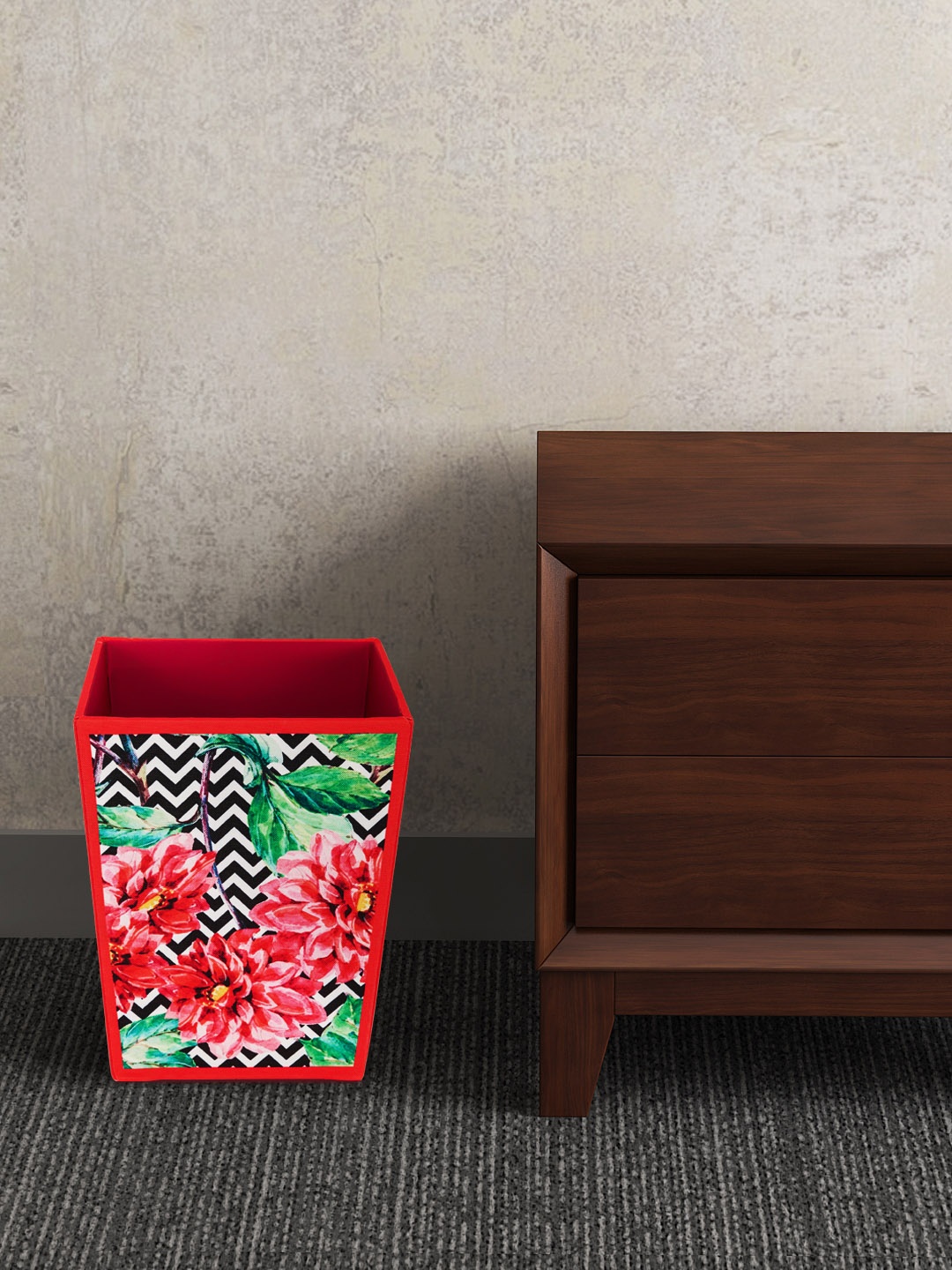 SEJ by Nisha Gupta Red & Black Printed Wooden Open Dry Bin