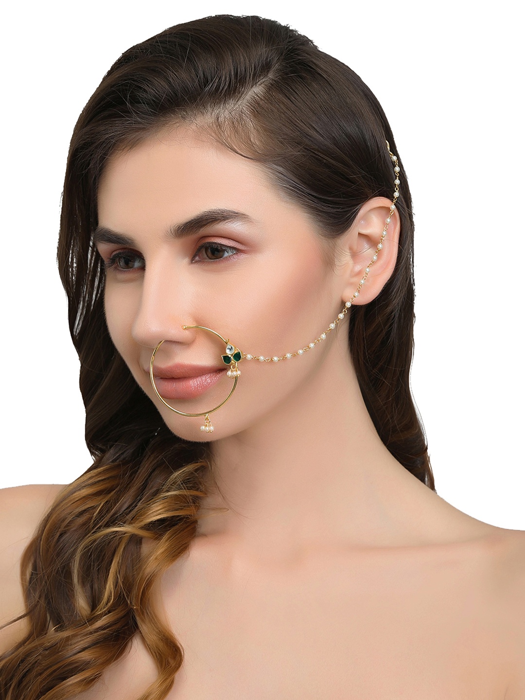 

AccessHer Women Gold-Plated & Off-White Oxidised Stone & Pearl Embellished Nose Ring