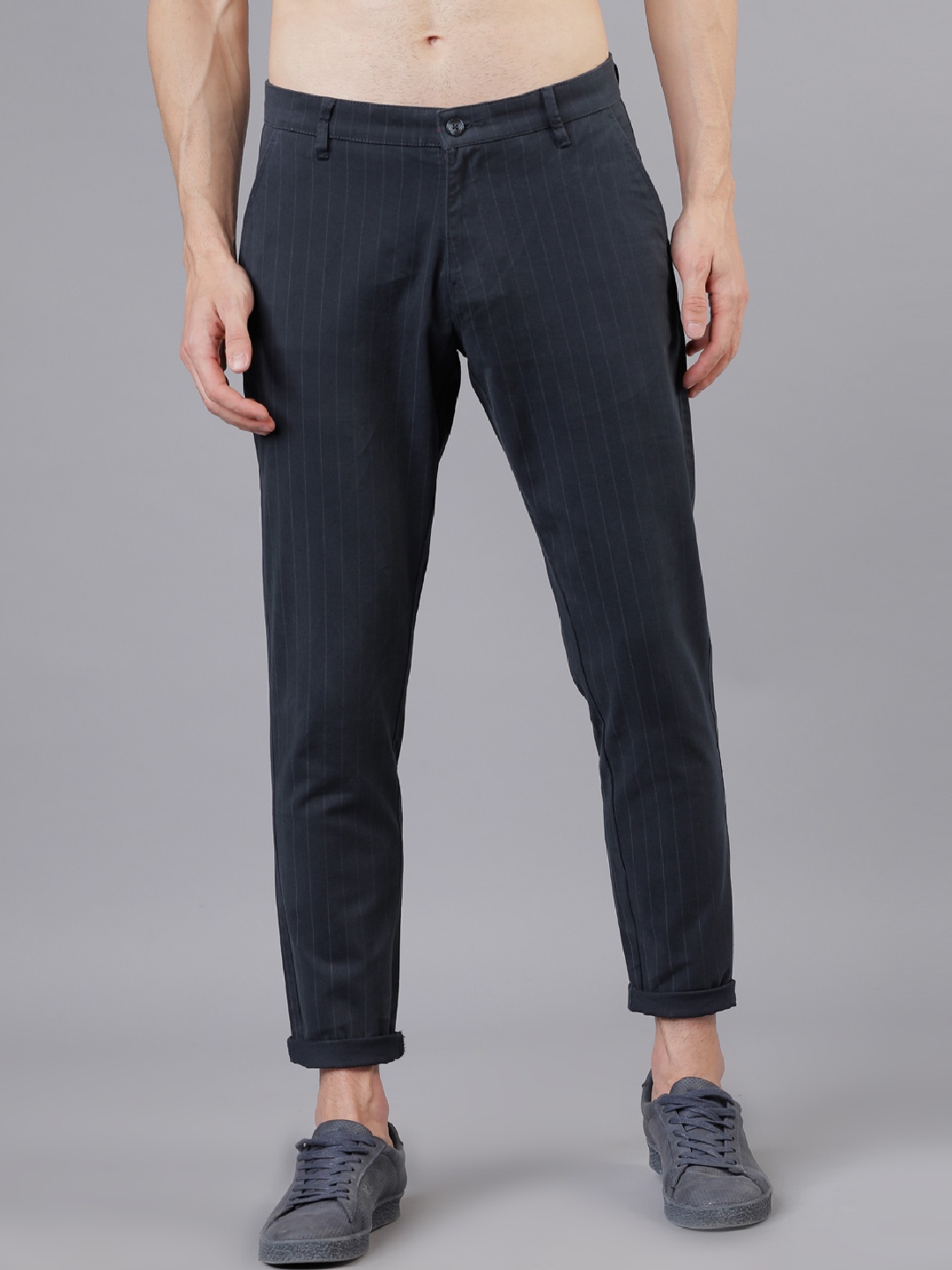 

HIGHLANDER Men Navy Blue & Grey Slim Fit Striped Regular Trousers