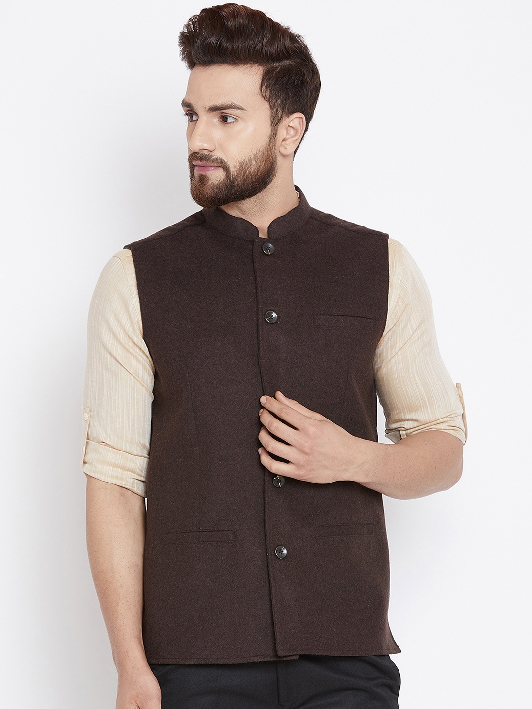 

even Men Brown Solid Woven Nehru Jacket
