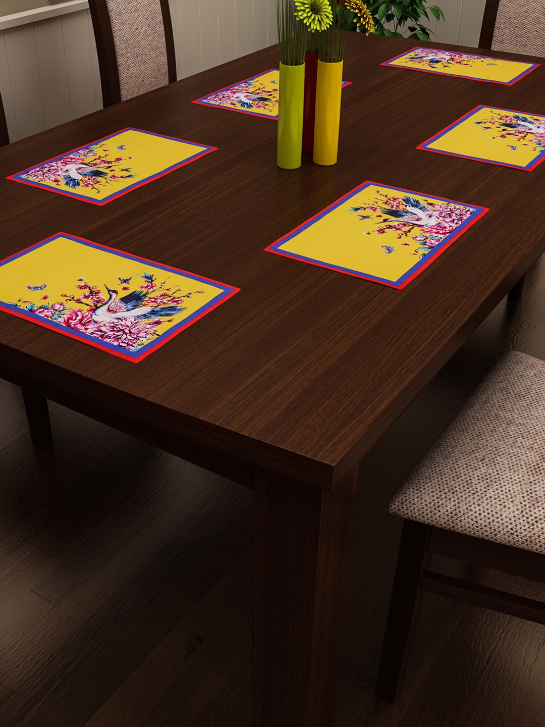 

SEJ by Nisha Gupta Set of 6 Mustard & Pink Printed Table Placemats