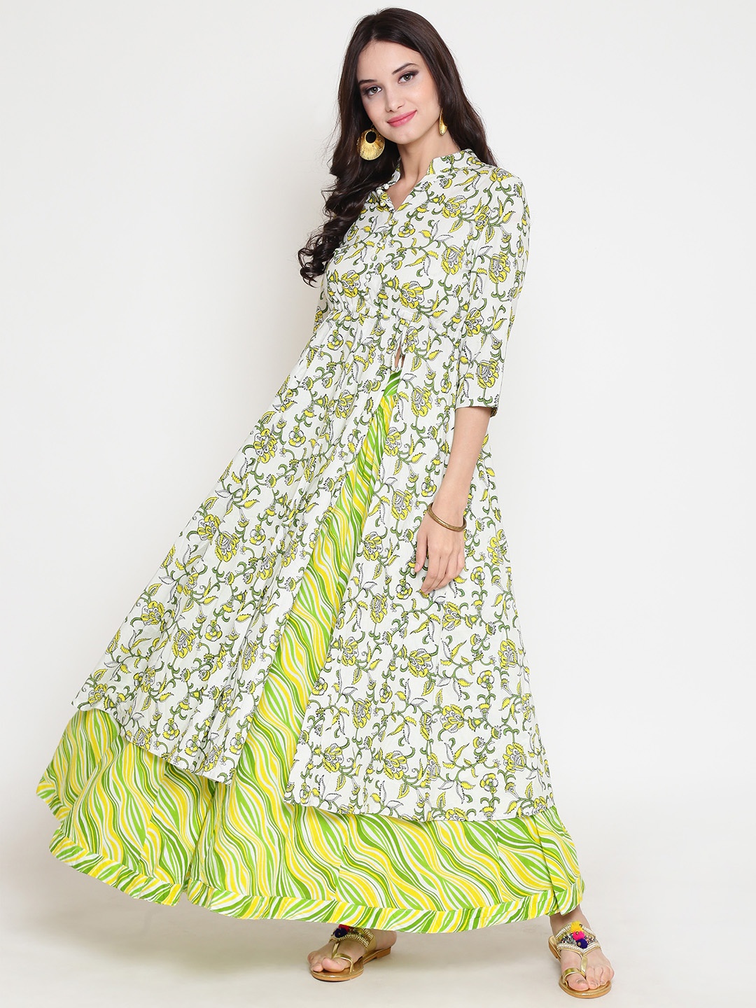 

Sera Women Off-White & Green Printed Kurta with Skirt