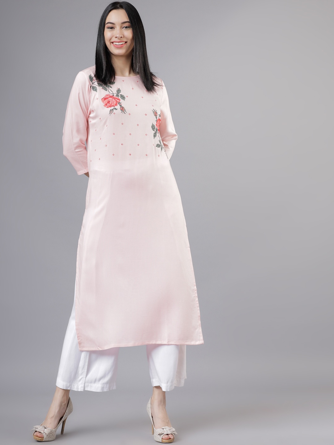 

Vishudh Women Pink Embroidered Straight Kurta
