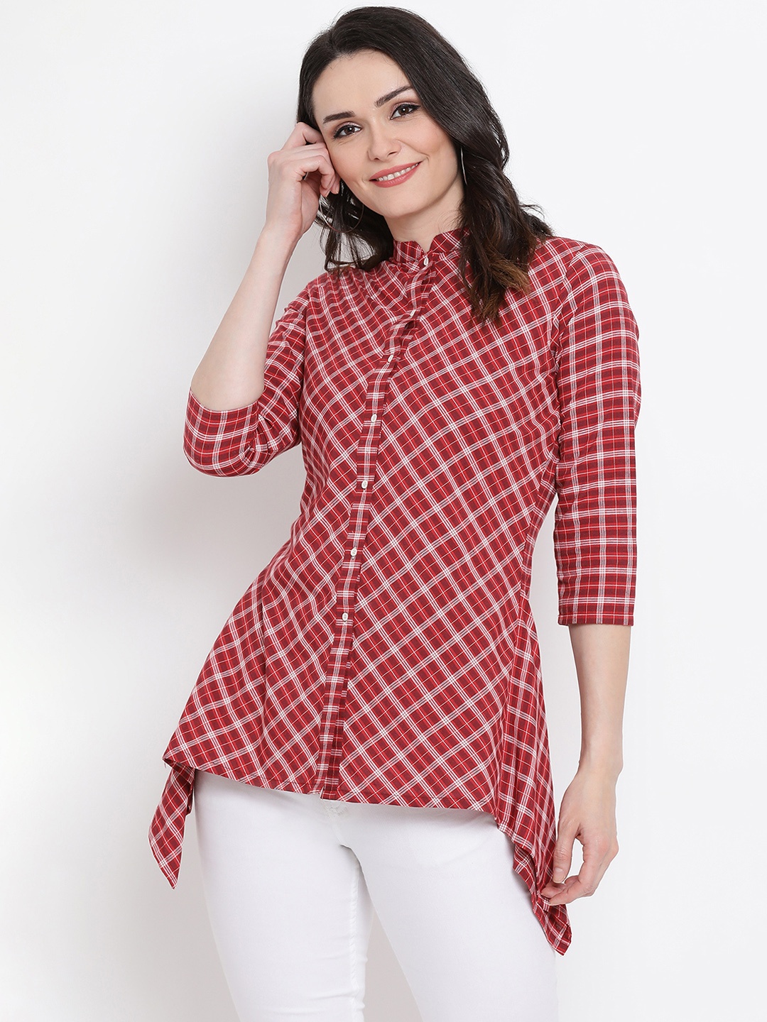 

FABNEST Women Red Checked Shirt Style Top