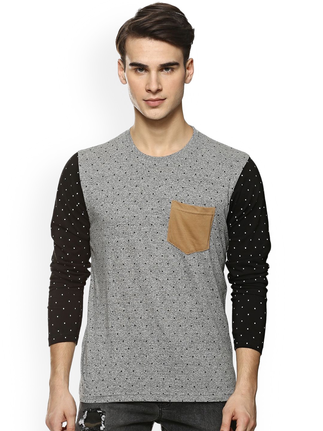 Campus Sutra Men Grey Printed Round Neck T-shirt