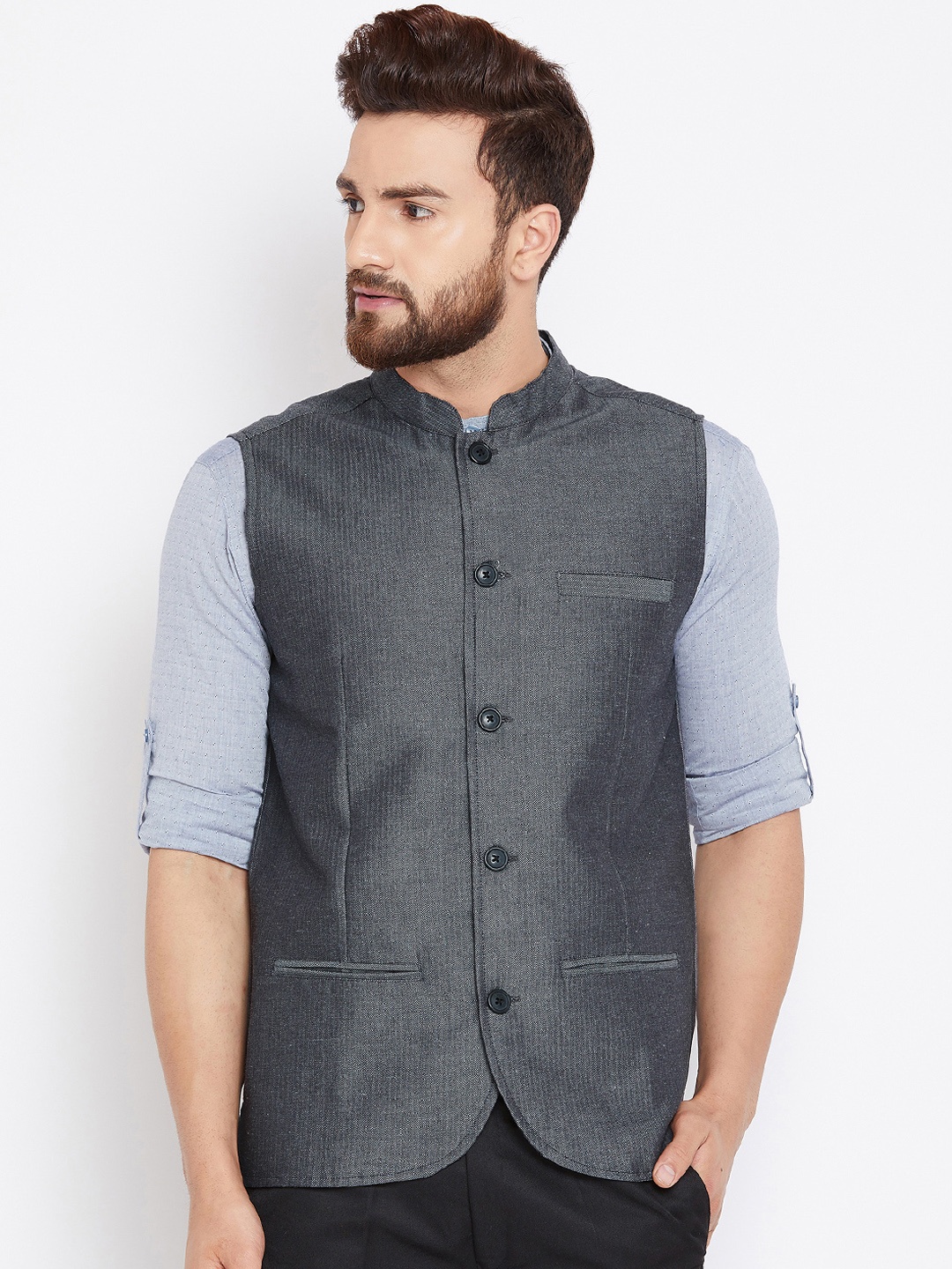 even Men Grey Woven Design Nehru Jacket