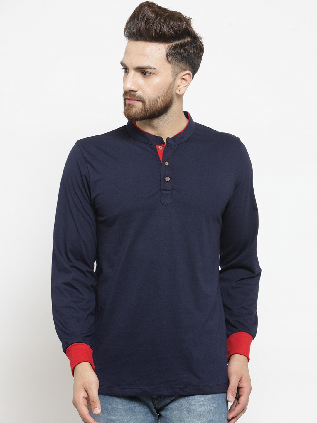 

Kalt Men Navy Blue Solid Mandarin Collar T-shirt